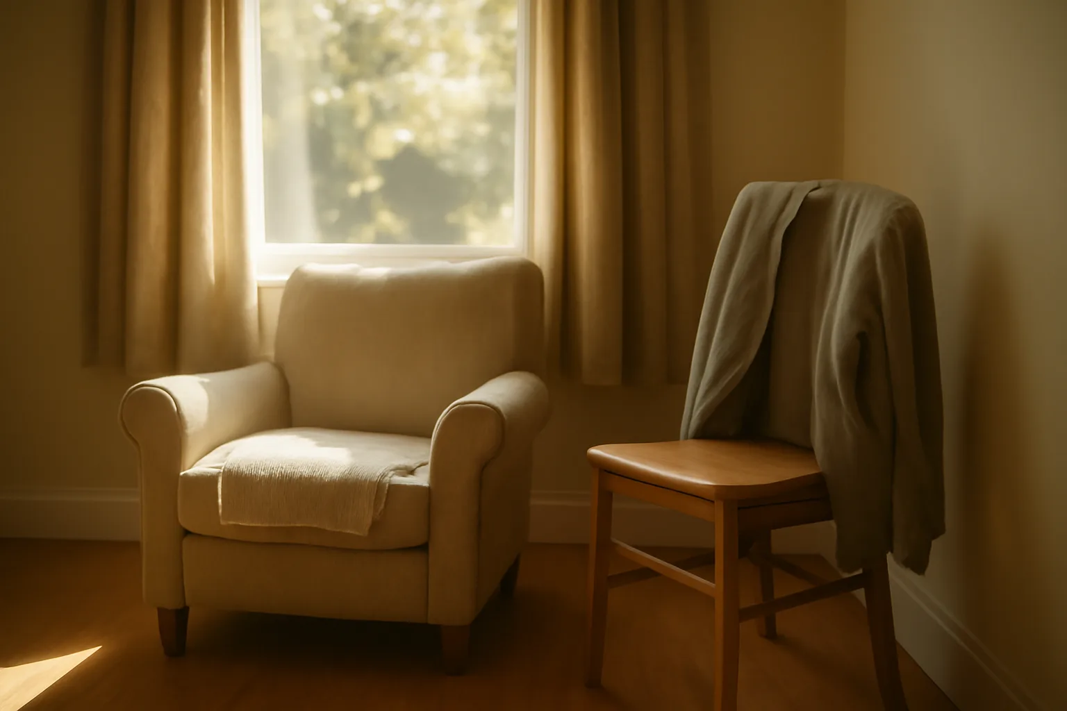 Sunlit living room in an assisted living residential care home with empty armchair