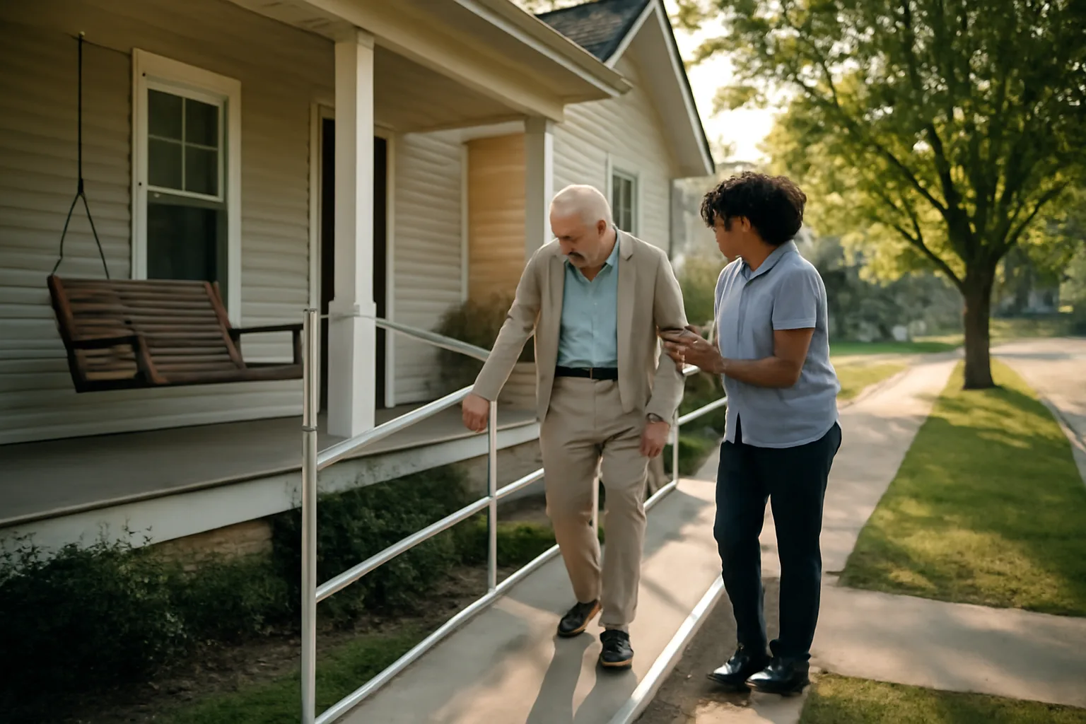 Caregiver assisting an older adult down a ramp outside a residential assisted living home