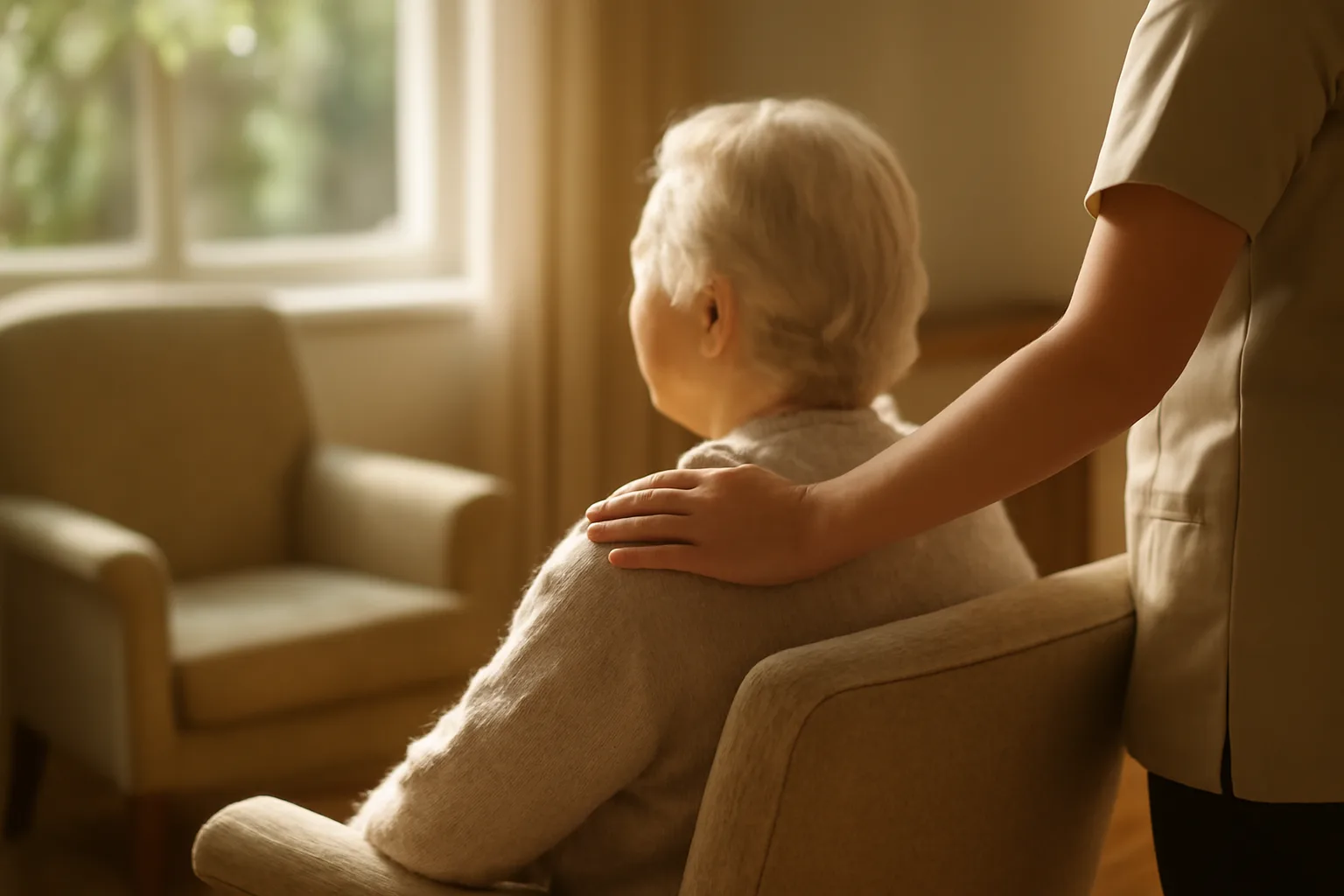 Caregiver and senior resident in a sunlit assisted living residential common room