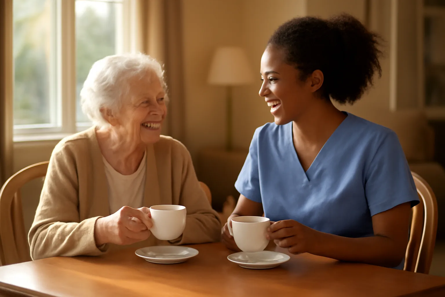 Caregiver and senior resident sharing tea in a sunlit assisted living common room