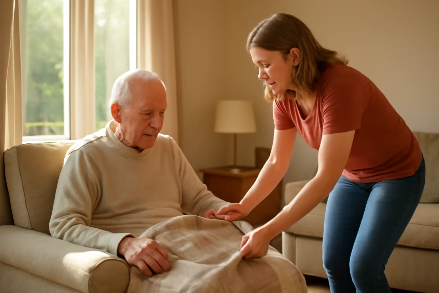 Caregiver assisting an older adult in a home-like assisted living living room