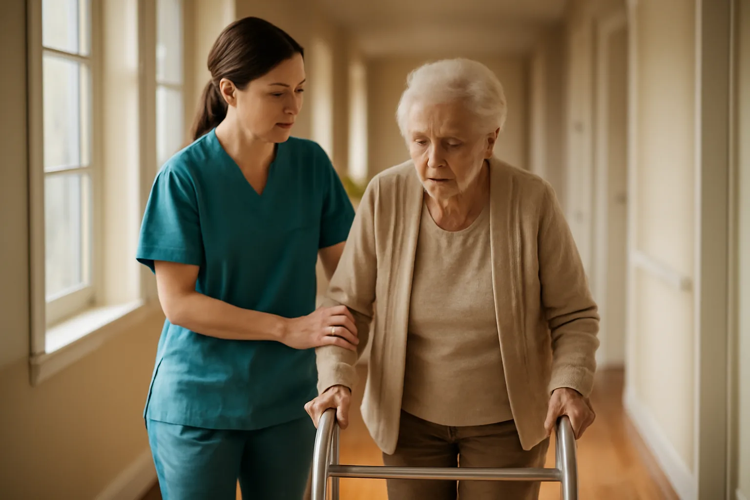 Caregiver assisting an elderly resident in a sunlit assisted living hallway
