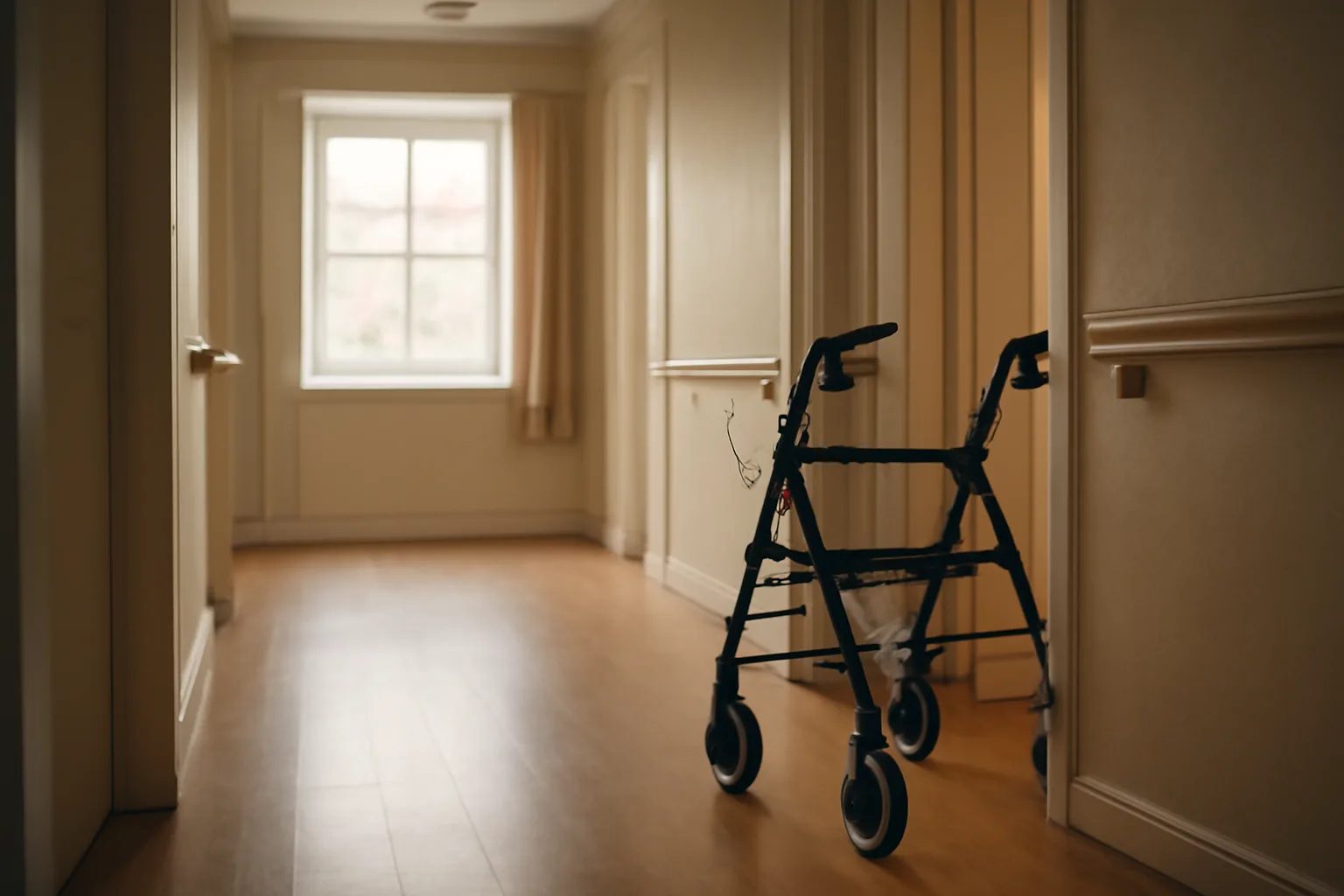 Sunlit hallway inside a small residential care facility with a walker by a doorway