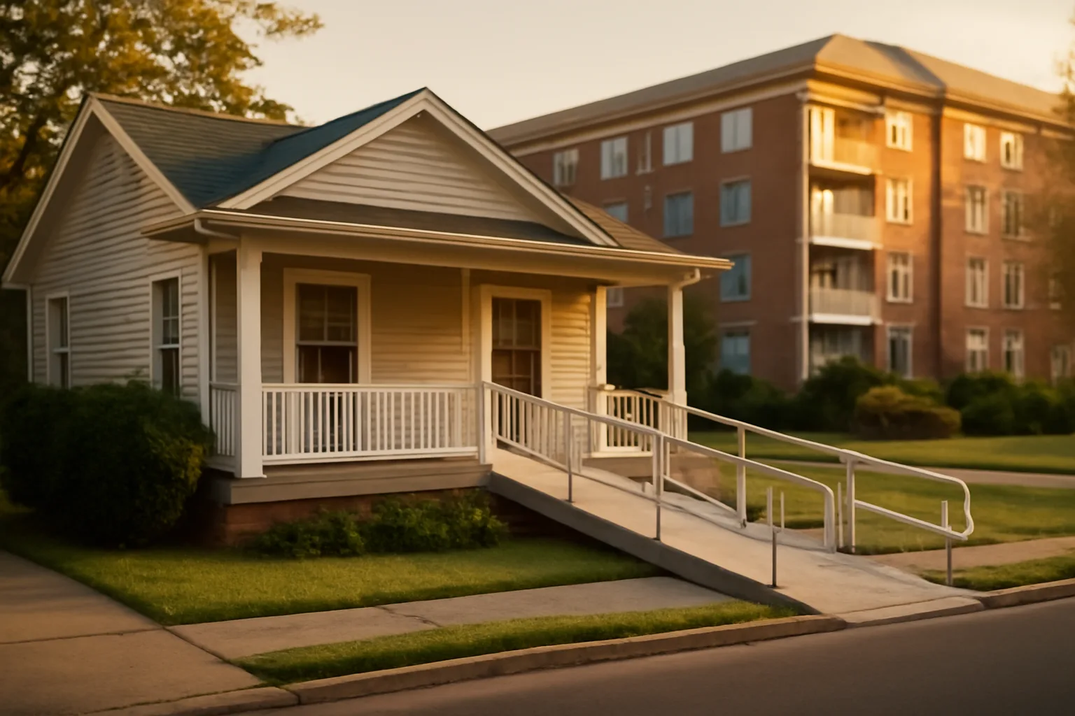 Small residential care house beside a larger assisted living building on a quiet street
