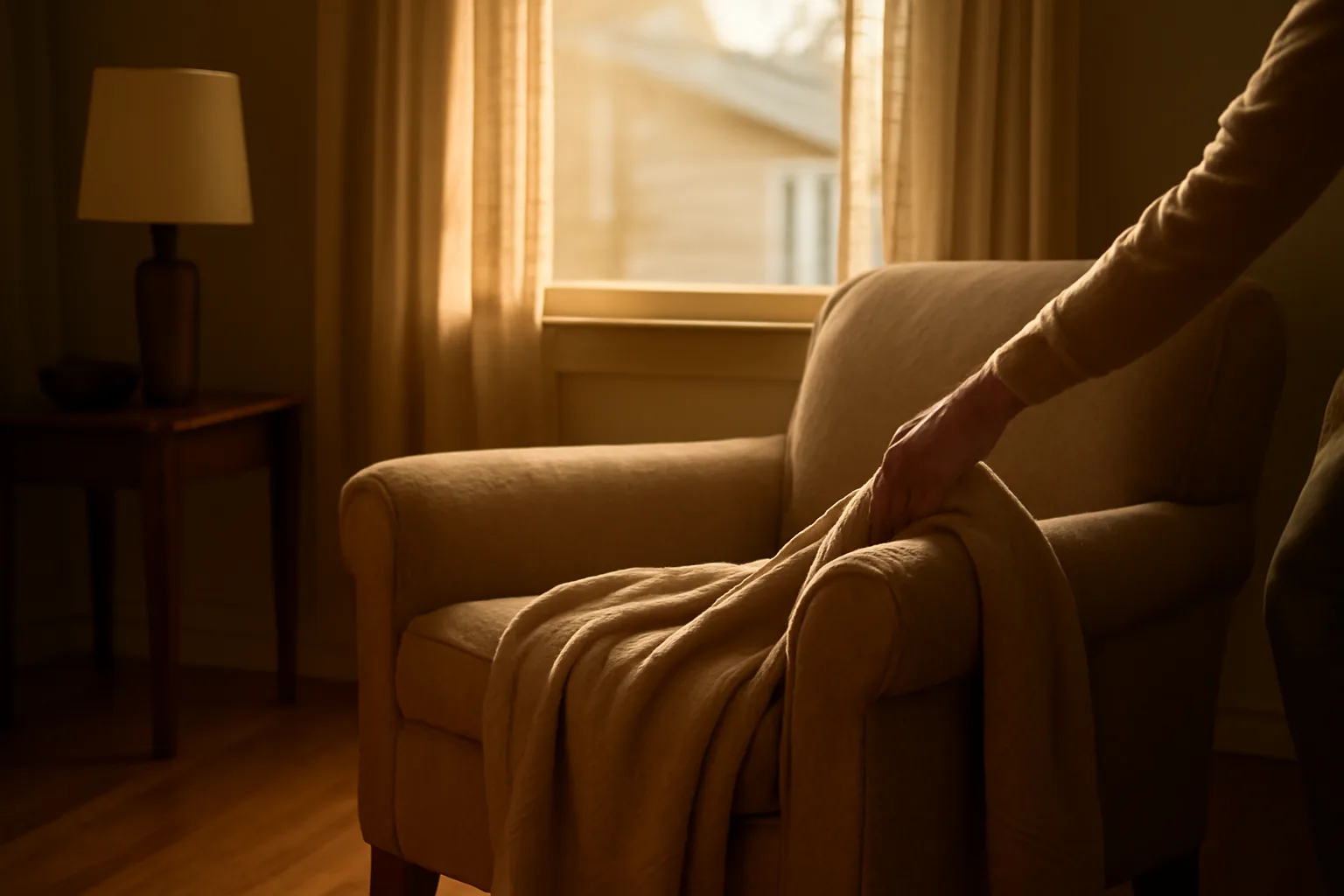Caregiver adjusting a blanket in a small residential care home living room