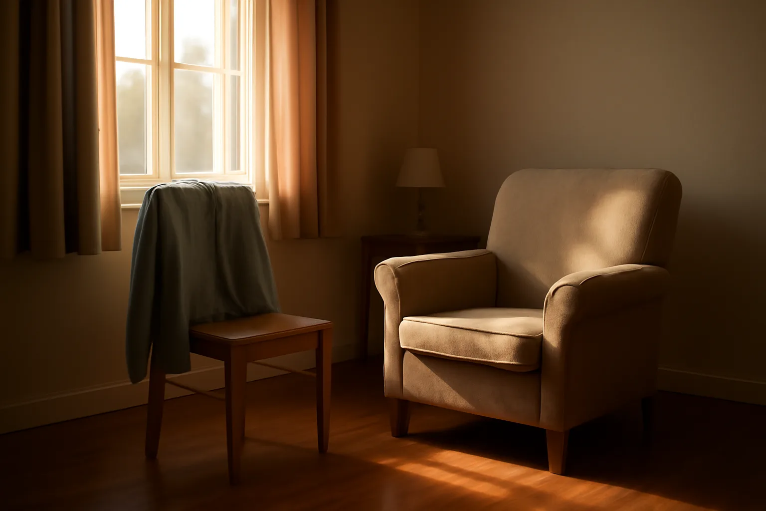 Sunlit living room in a small residential care home showing assisted living style furnishings