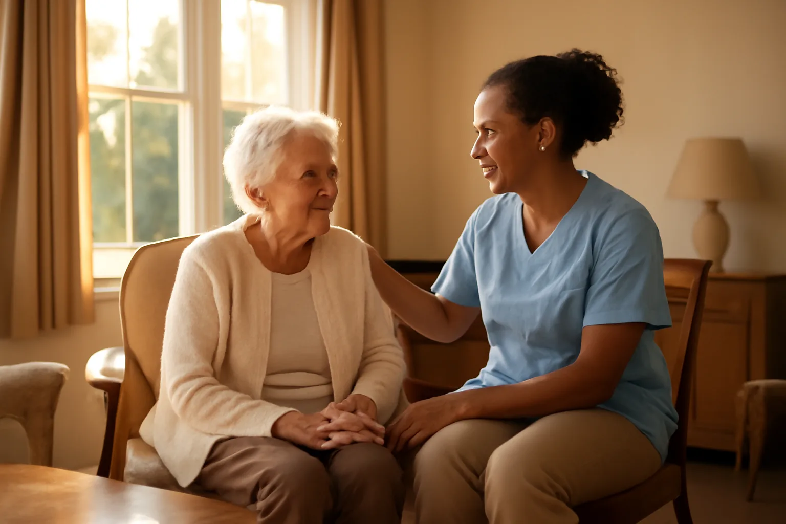 Caregiver and elderly resident sitting together in a residential care home living room