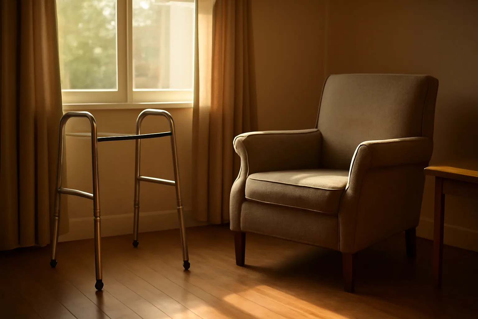 Sunlit living room in a residential care home showing assisted living vs residential care setting