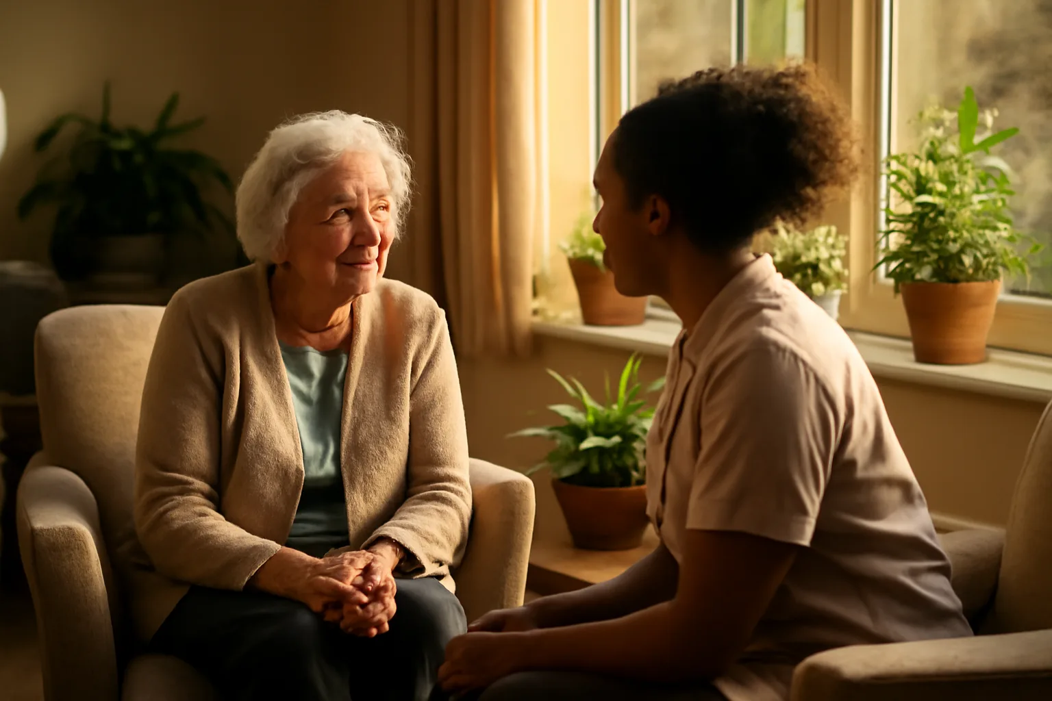 Caregiver talking with an older woman in a bright assisted living common room