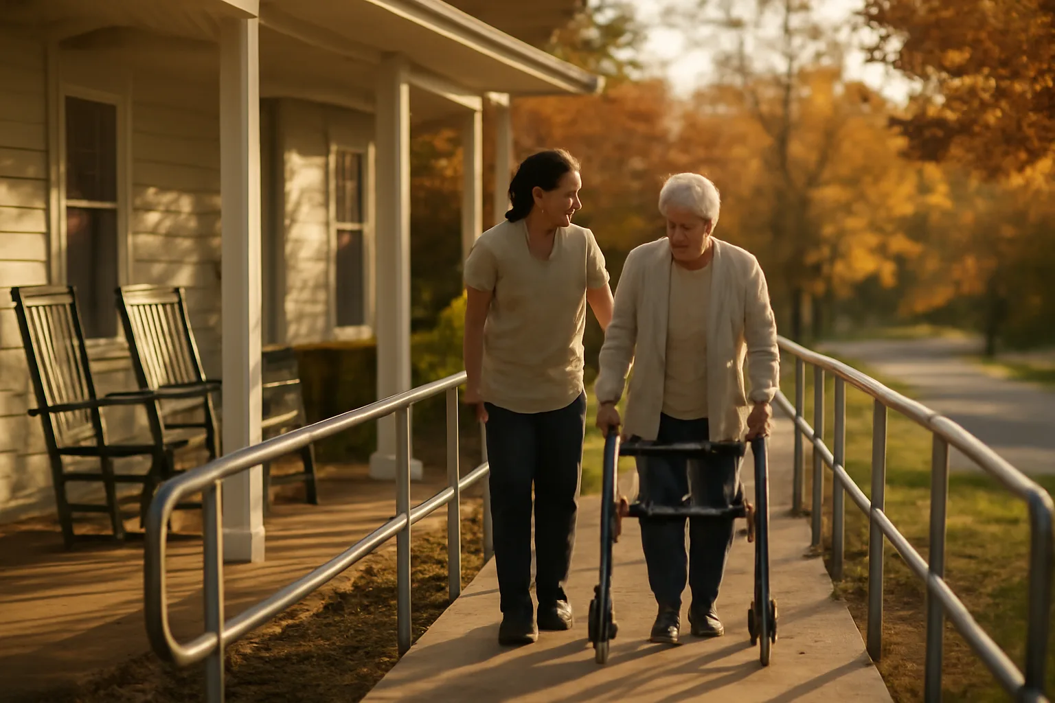 Caregiver assisting a senior resident down a ramp outside an assisted living home
