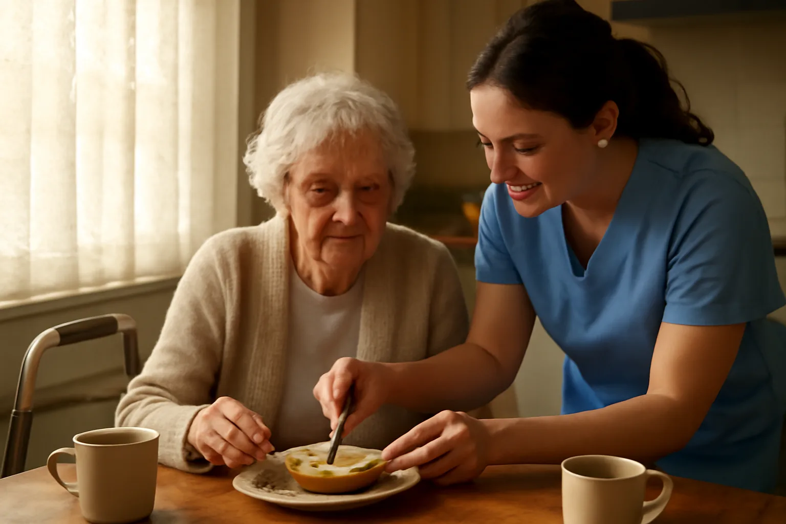 Caregiver assisting an older woman with breakfast at a home kitchen table, an example of at-home assisted living.