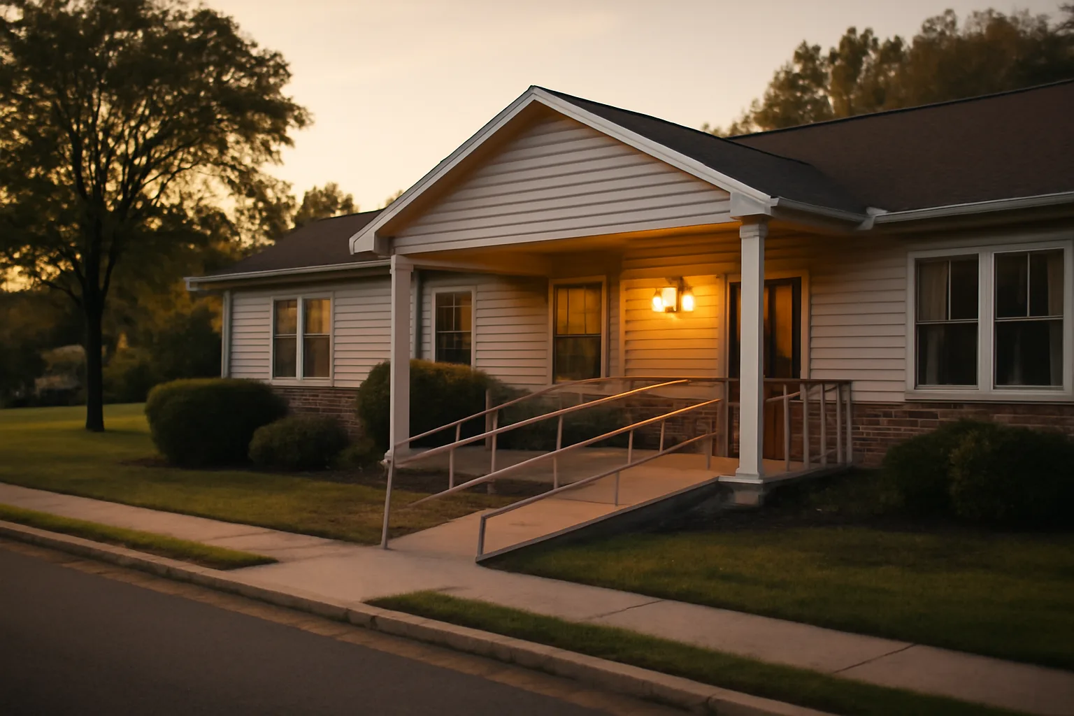 Residential assisted living home exterior at dusk with porch light and wheelchair ramp