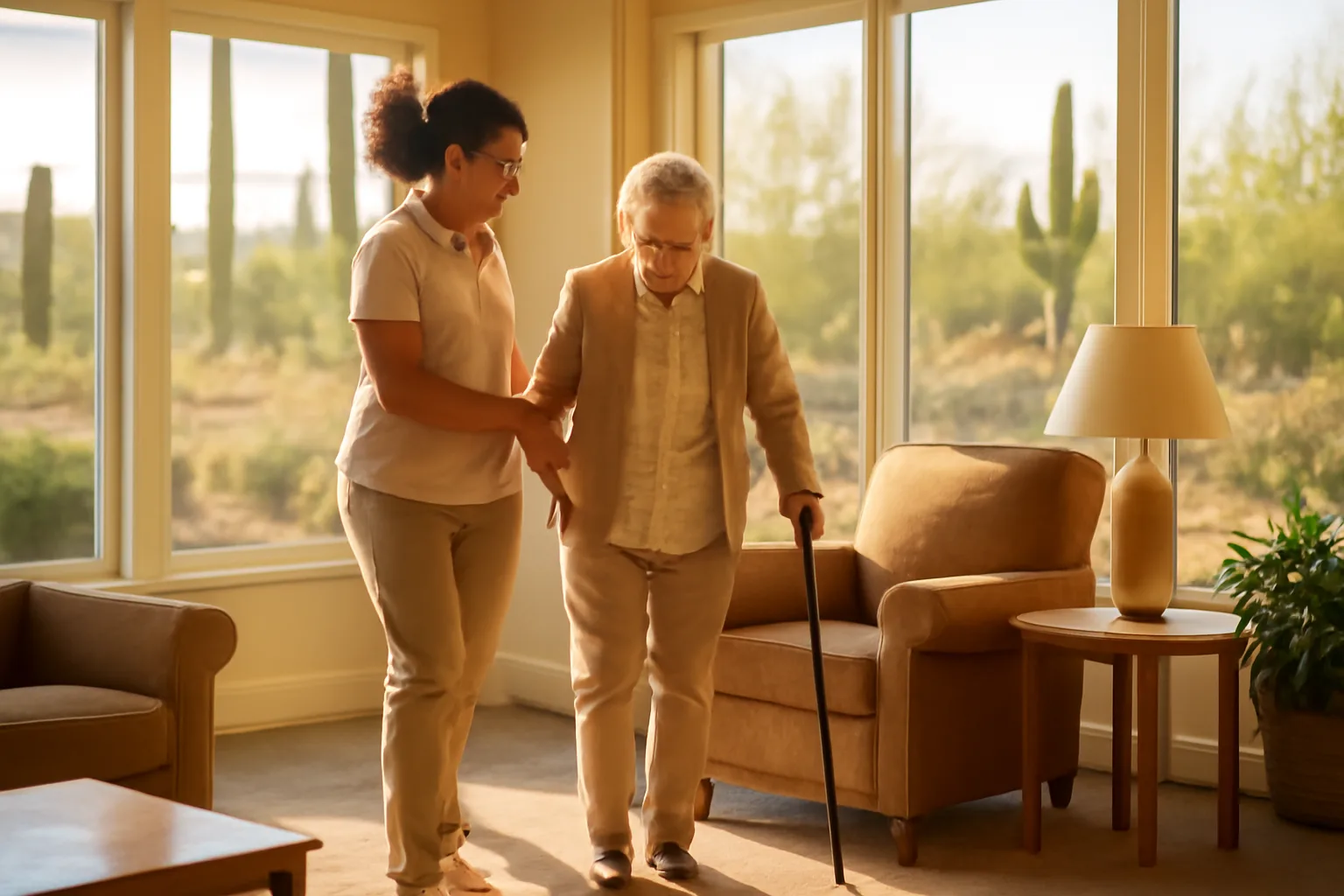 Caregiver assisting an older adult in a sunlit Arizona assisted living home