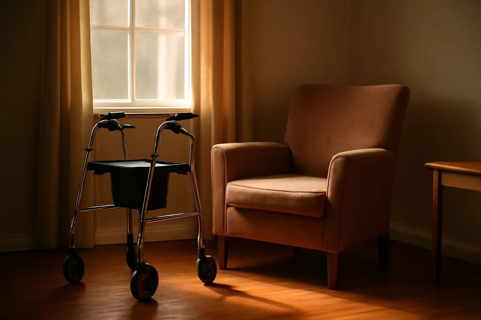 Sunlit living room in a small residential assisted living home with an empty chair and walker
