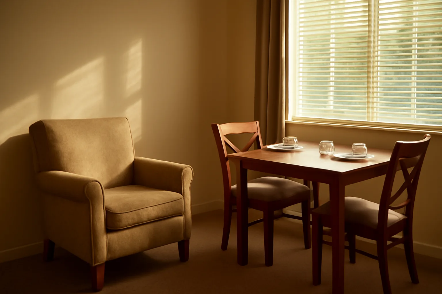 Sunlit common room in a Florida assisted living facility with empty armchair and dining table