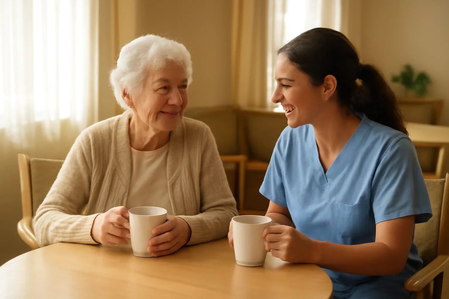 Caregiver and elderly resident talking quietly in a bright assisted living common room