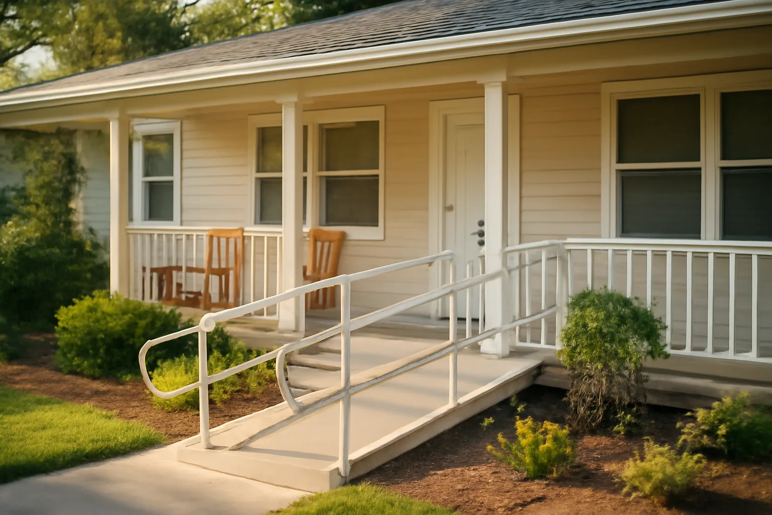 Sunlit residential group home exterior with wheelchair ramp and porch seating
