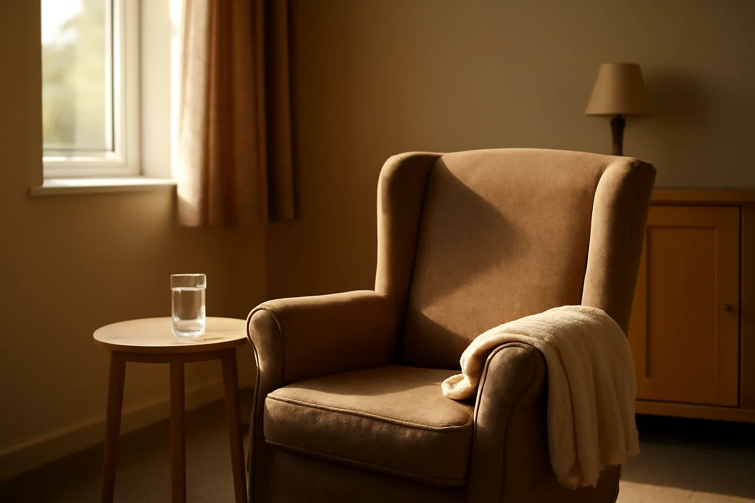 Sunlit living room in a residential assisted living home with an empty armchair