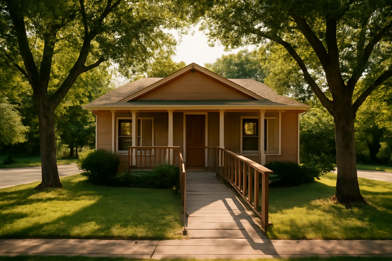 Single-story residential care home with accessible entrance and front porch in suburban setting