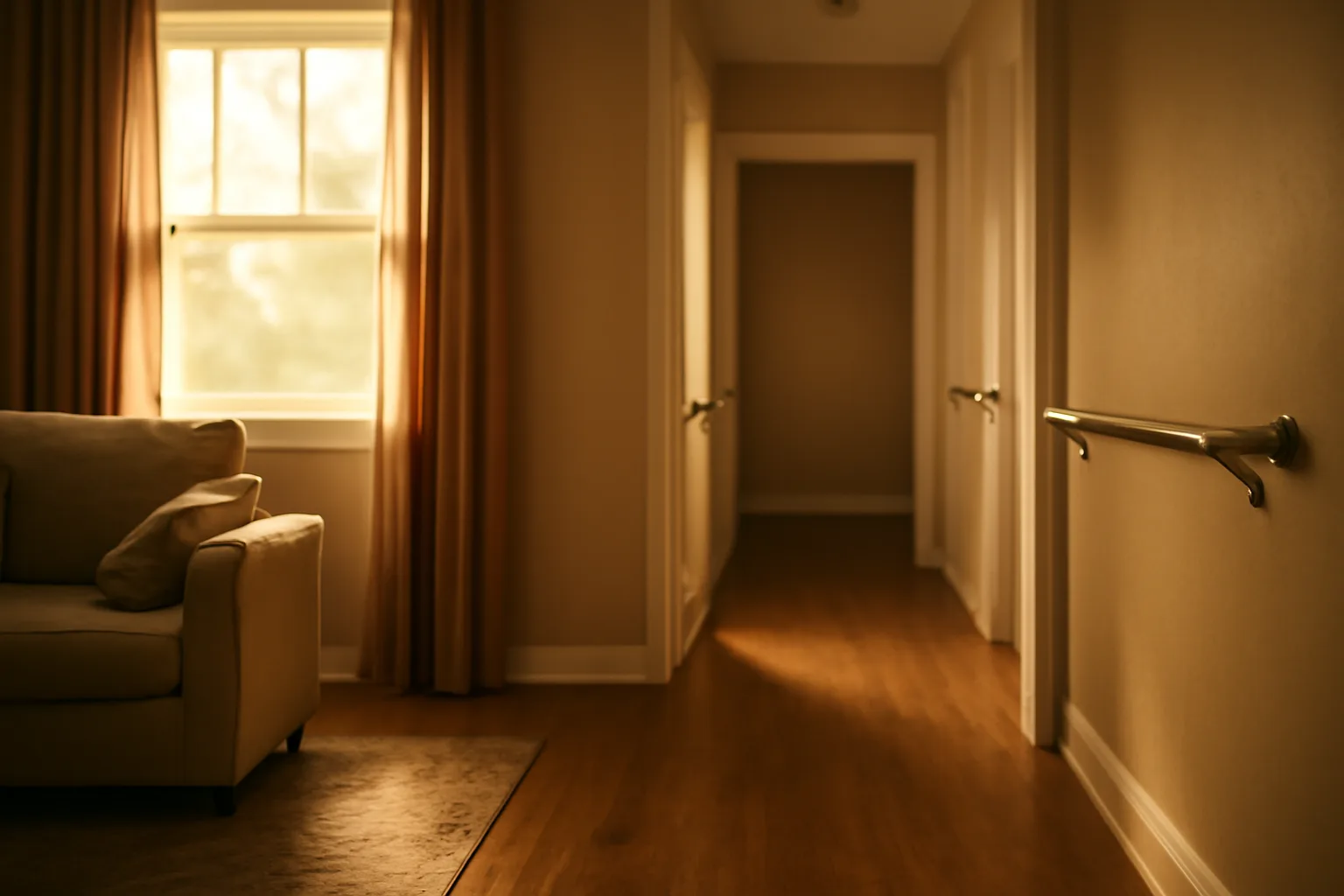 Hallway with grab bars in a California licensed residential care home