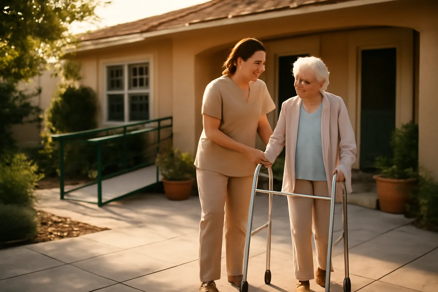 Caregiver assisting elderly resident outside a California assisted living facility home