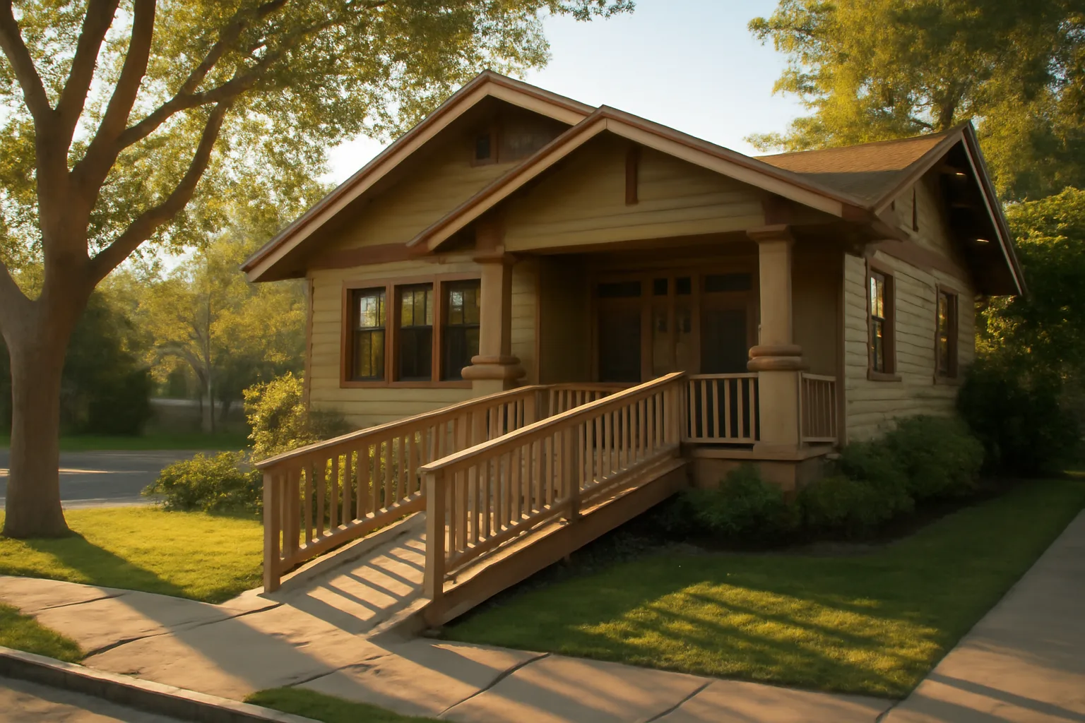 California craftsman home with wheelchair ramp representing assisted living facility licensing