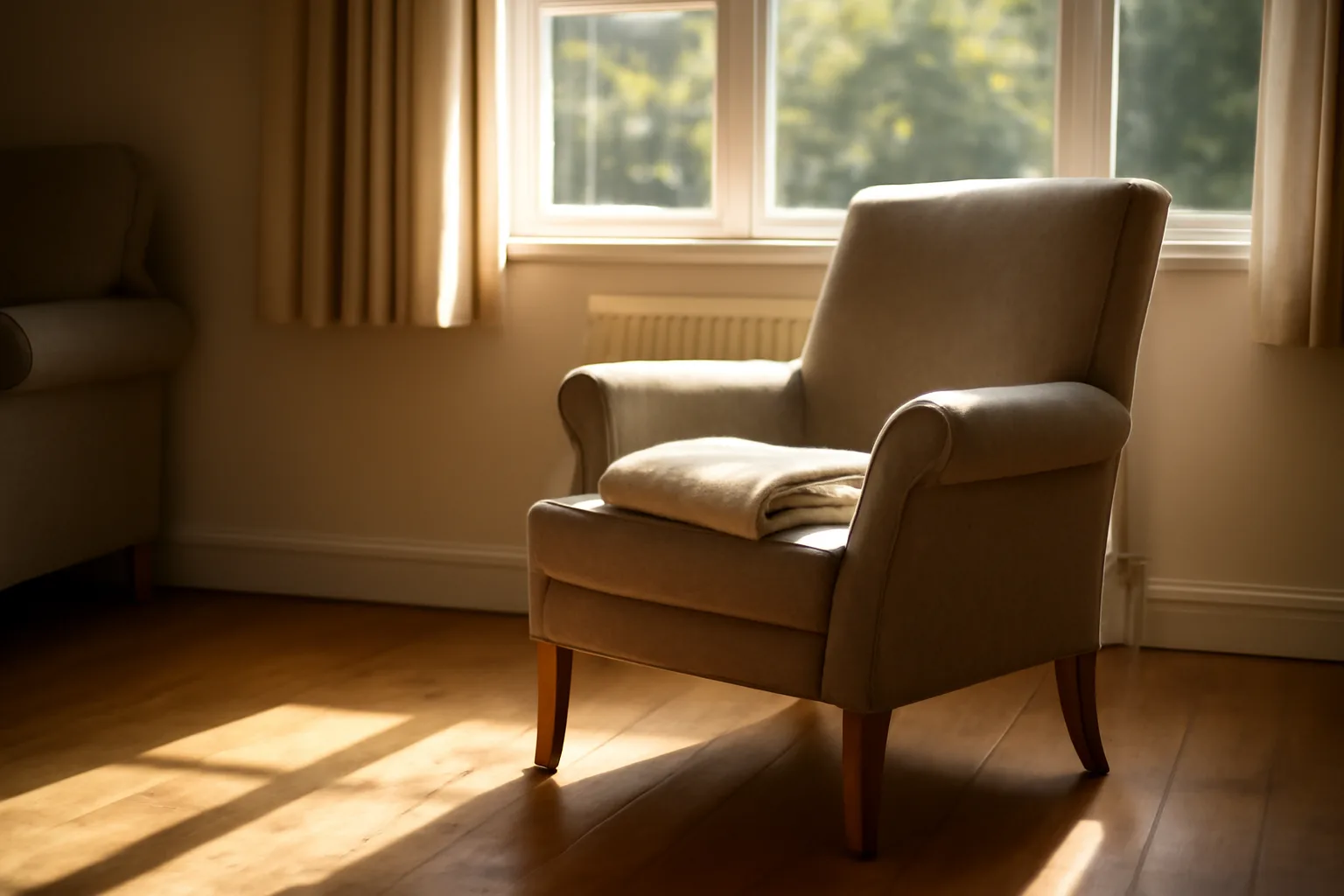 Sunlit common room in a California assisted living facility with empty armchair by window