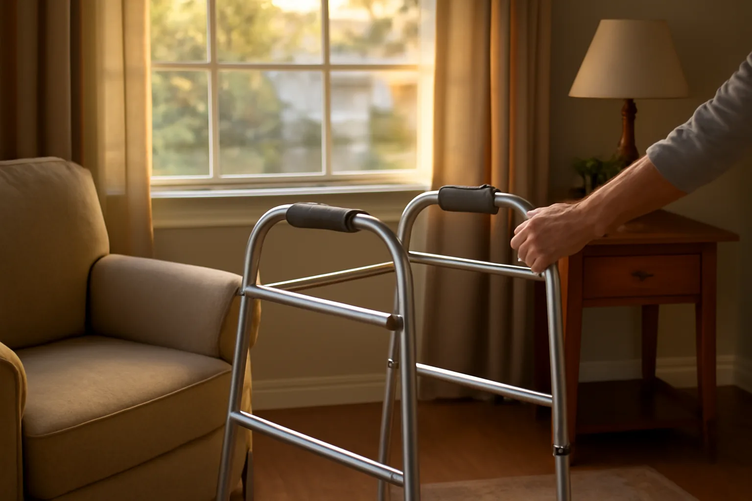 Caregiver adjusting a walker in a sunlit California group home living room