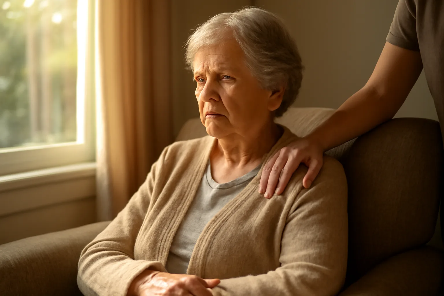 Caregiver and senior resident in a sunlit California assisted living home living room