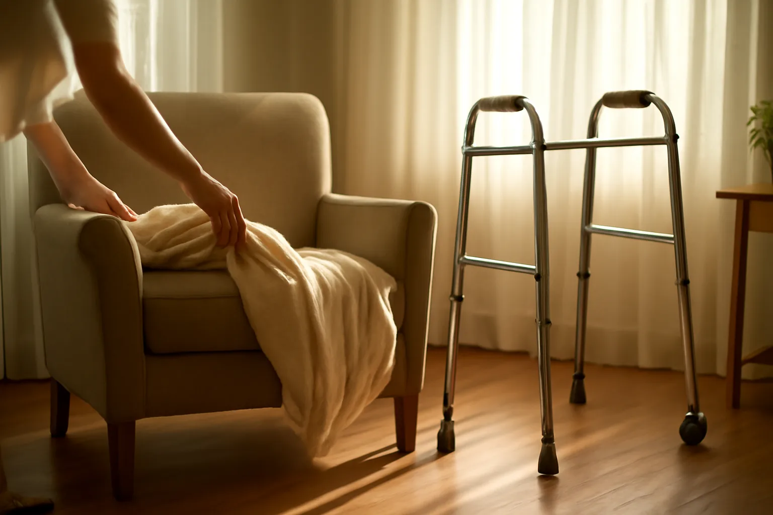 Sunlit living room in a California residential care facility for the elderly