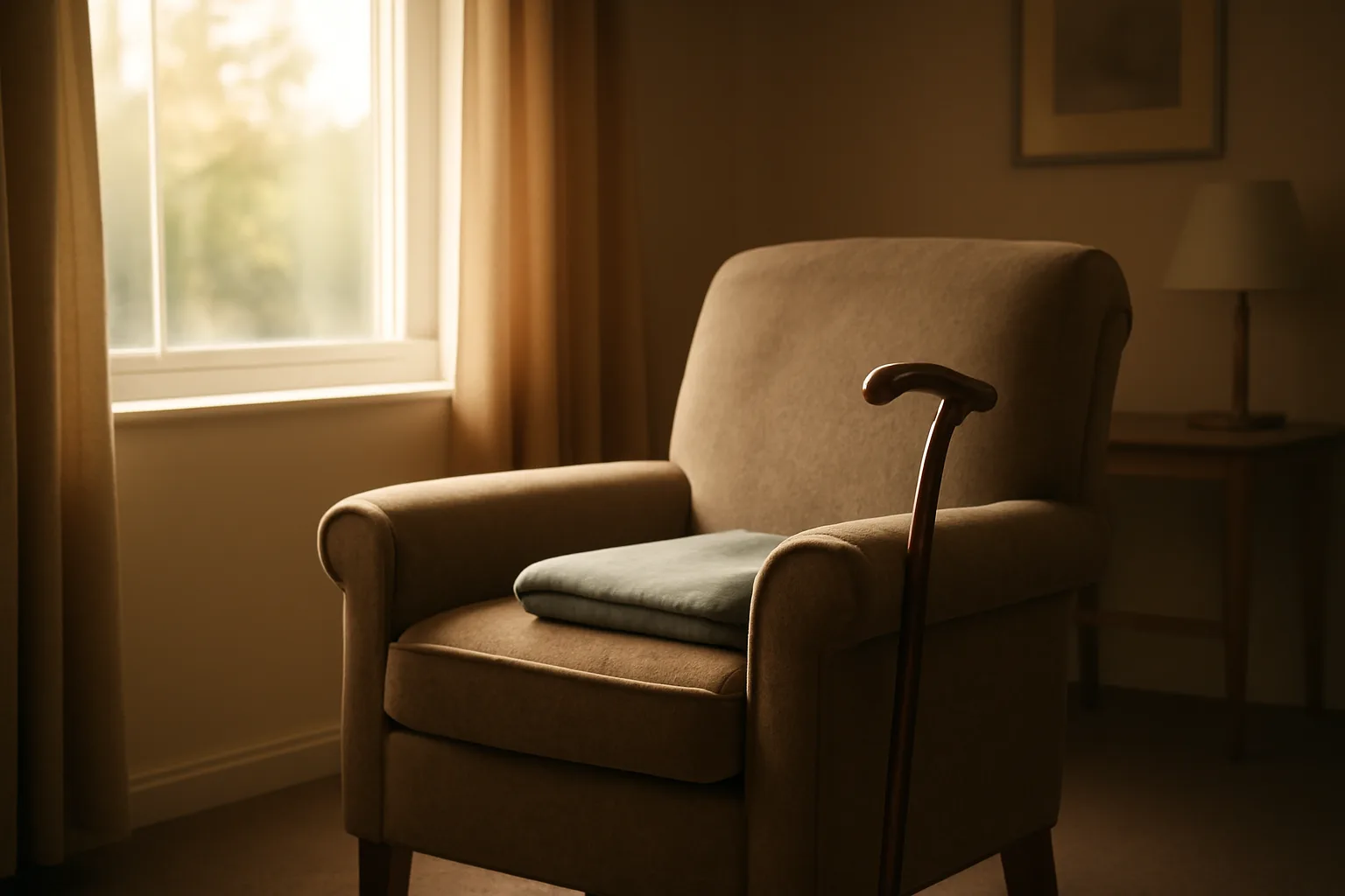Empty armchair and cane in a quiet residential care home living room at sunrise