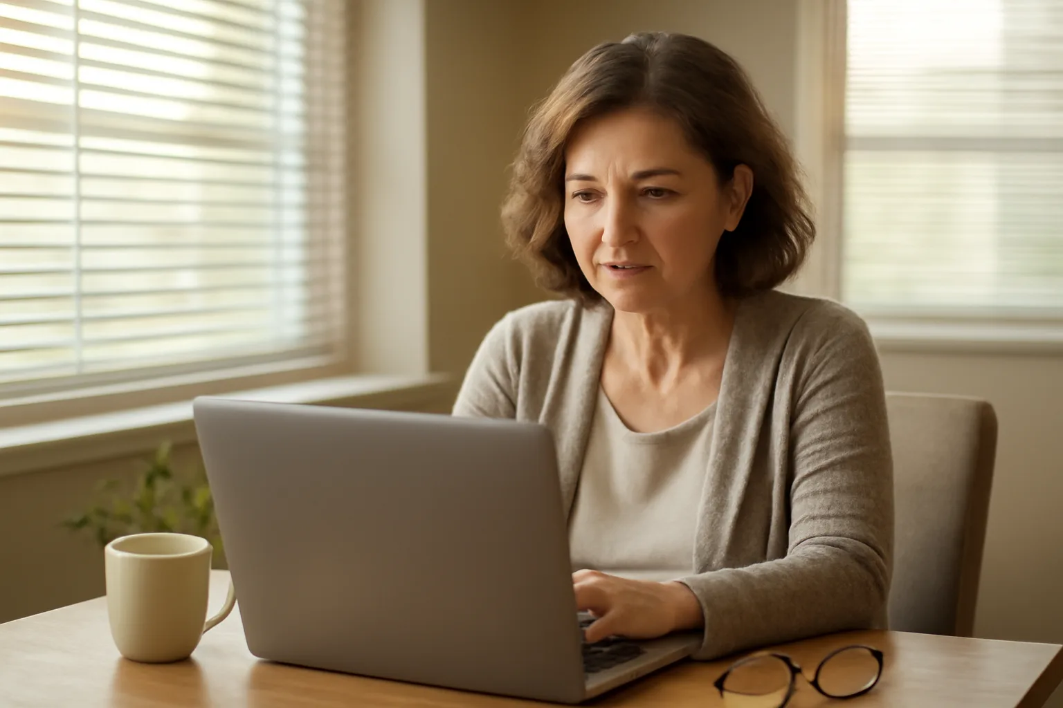 Administrator reviewing continuing education records at a desk in a residential care facility office