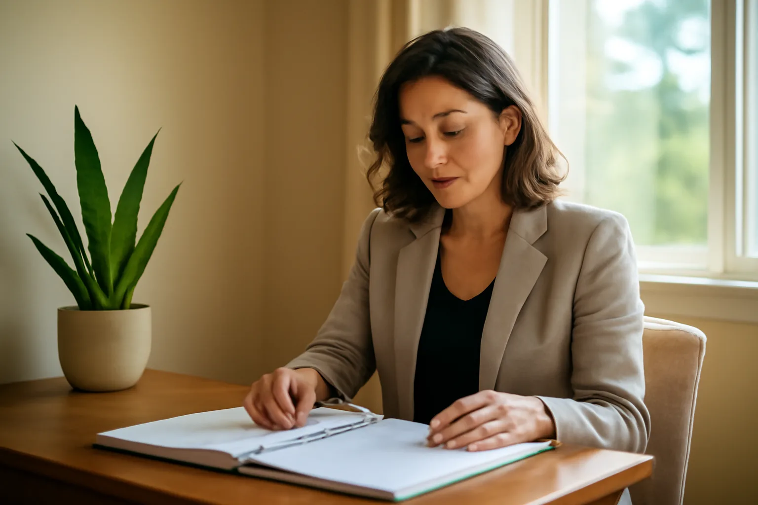 Administrator reviewing a continuing education binder in a residential care home office