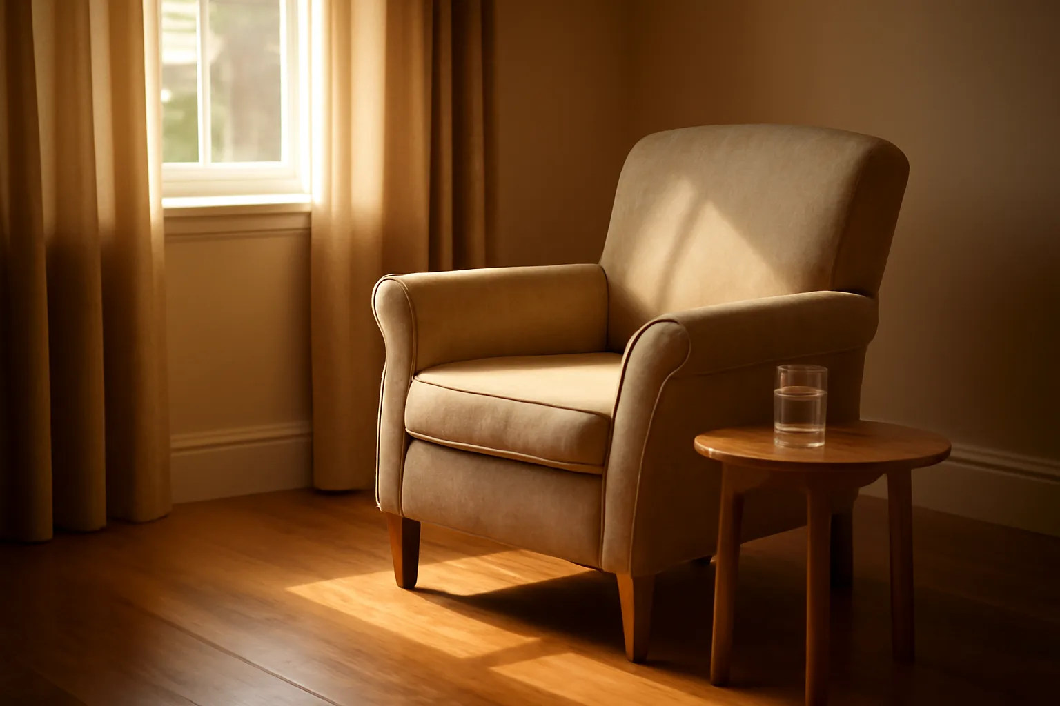 Sunlit living room in a Colorado assisted living residence with empty armchair and side table