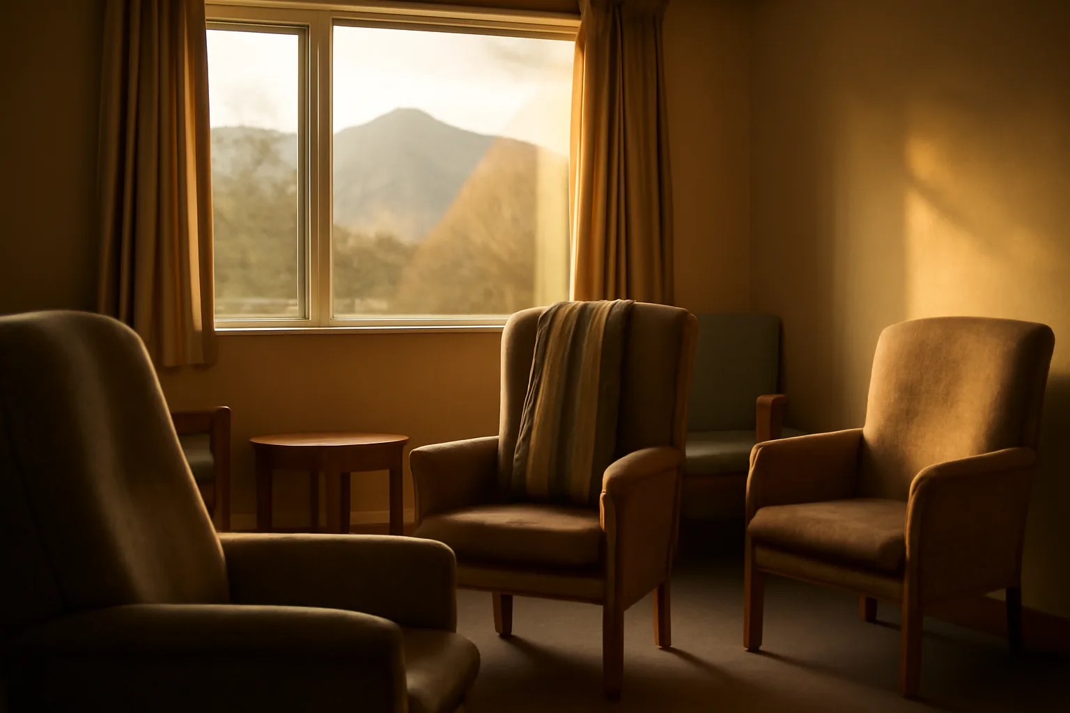 Sunlit living room in a Colorado group home with mountain view through window
