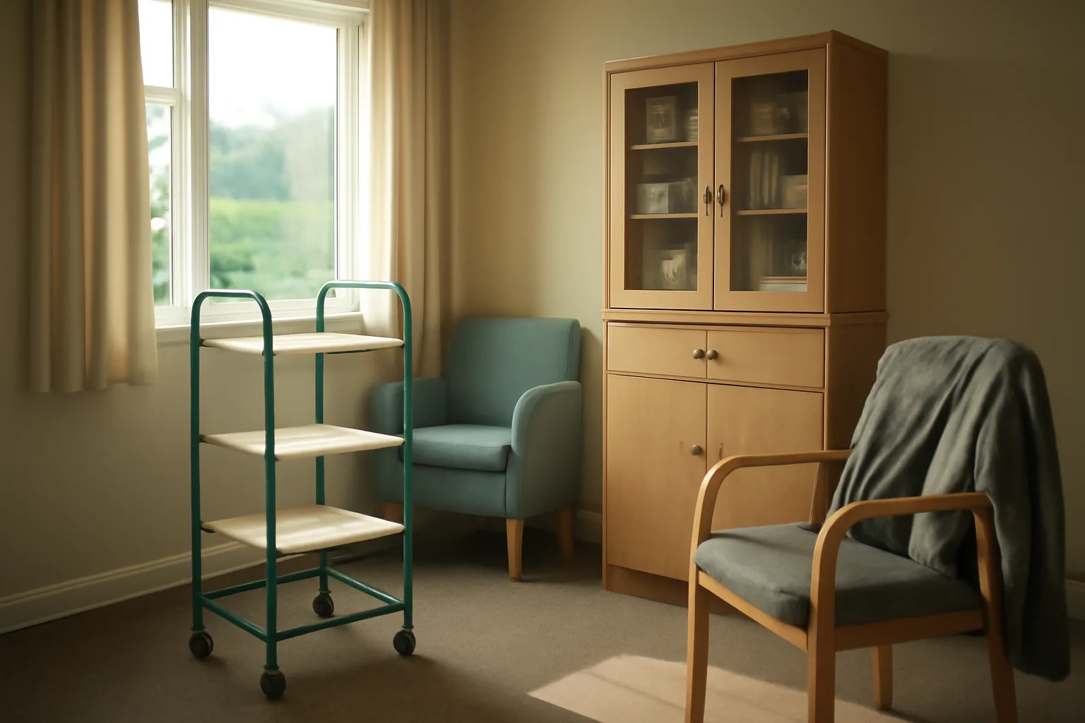 Sunlit common room in a residential group home with an empty binder cart near a medication cabinet