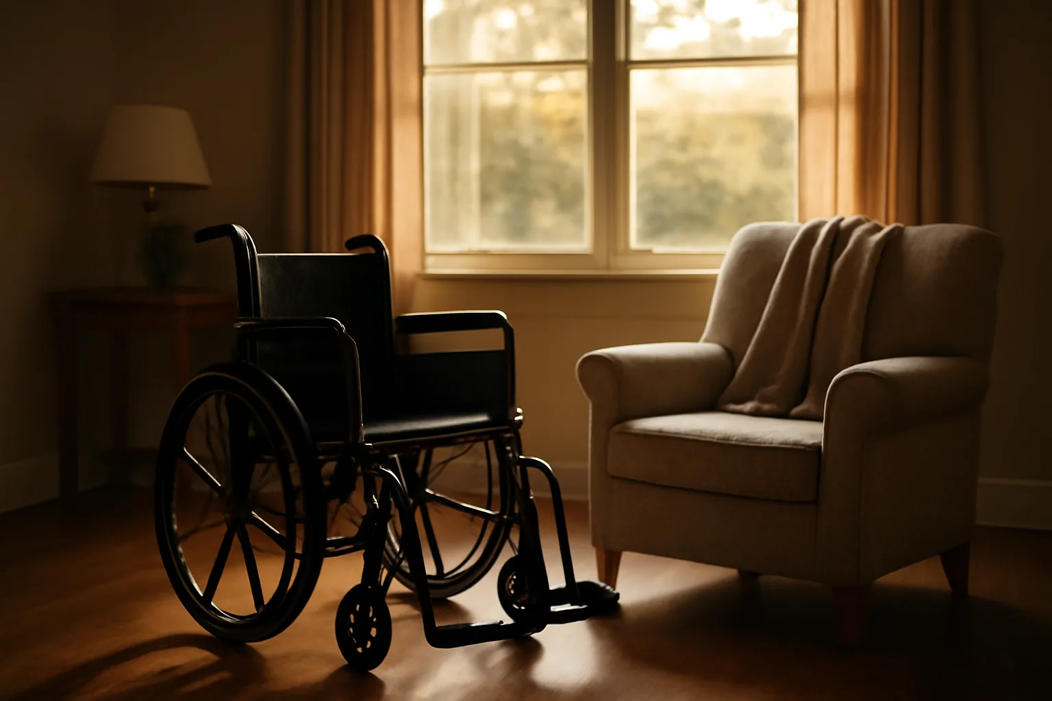Sunlit common room in a residential care home with empty armchair and wheelchair