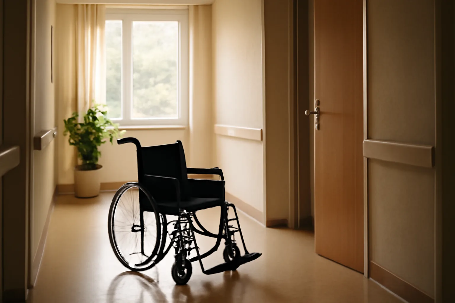 Empty sunlit hallway in an assisted living residential care home with a wheelchair