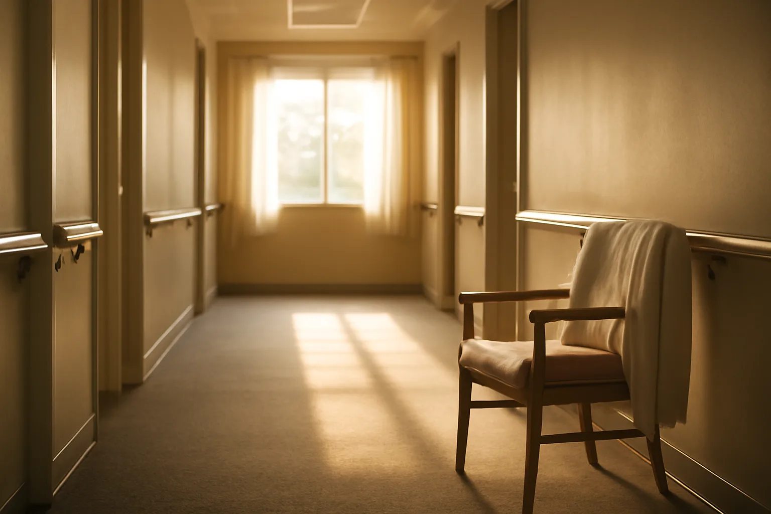 Sunlit hallway inside a Connecticut licensed assisted living facility with handrails