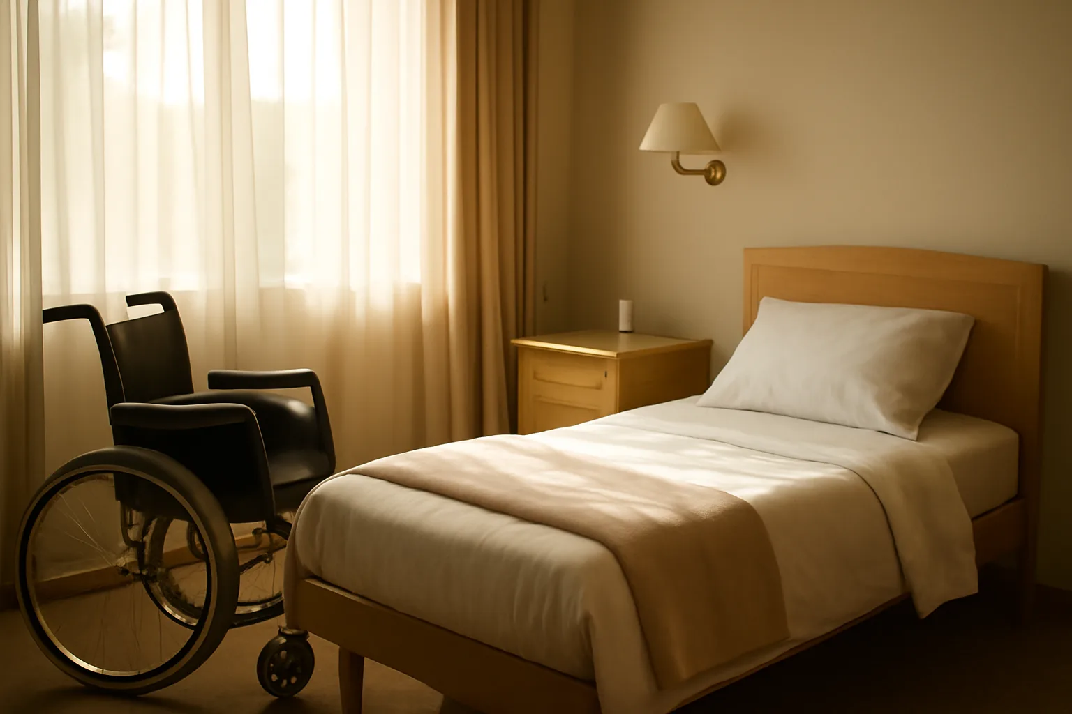 Sunlit bedroom in a convalescent care home with a made bed and wheelchair nearby