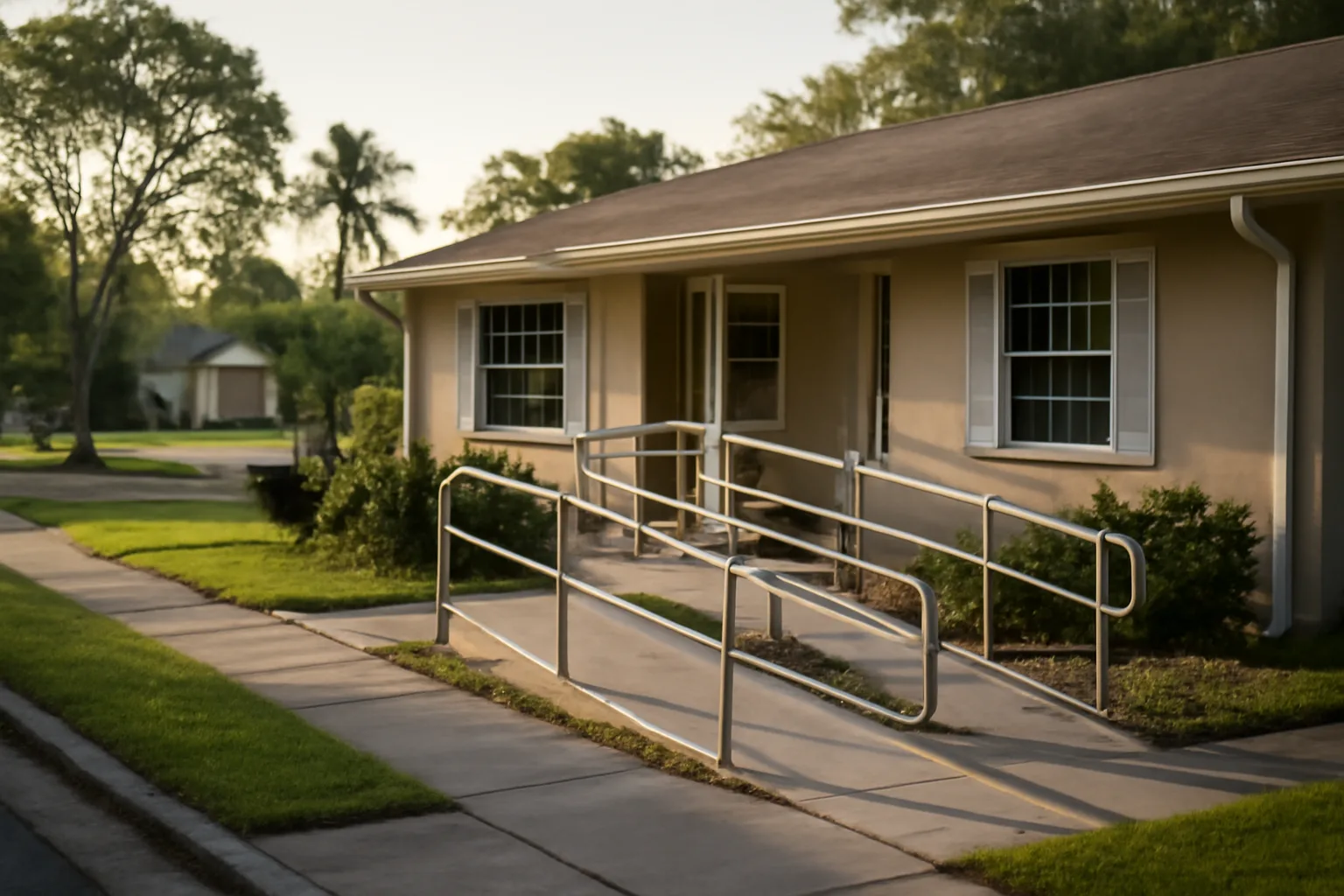 Ranch-style Florida house with wheelchair ramp used for group home licensing