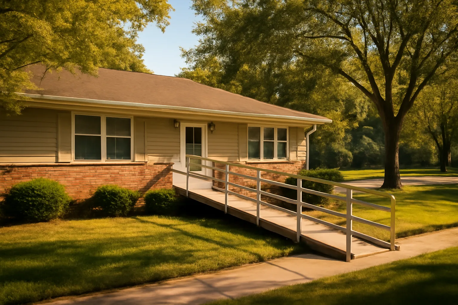 Arizona residential group home exterior with accessibility ramp in neighborhood setting