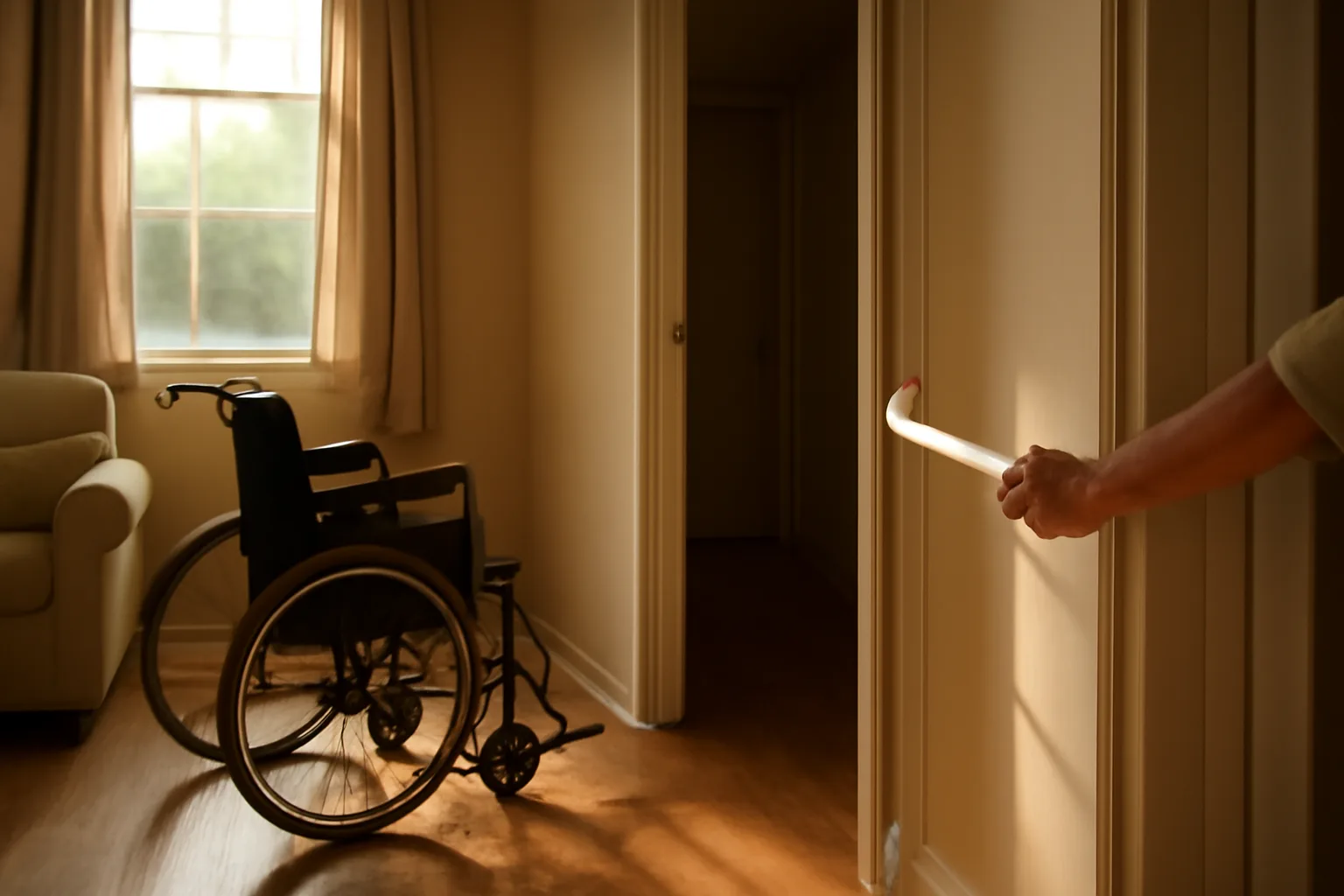 Sunlit hallway and living room inside a licensed DDD group home residence
