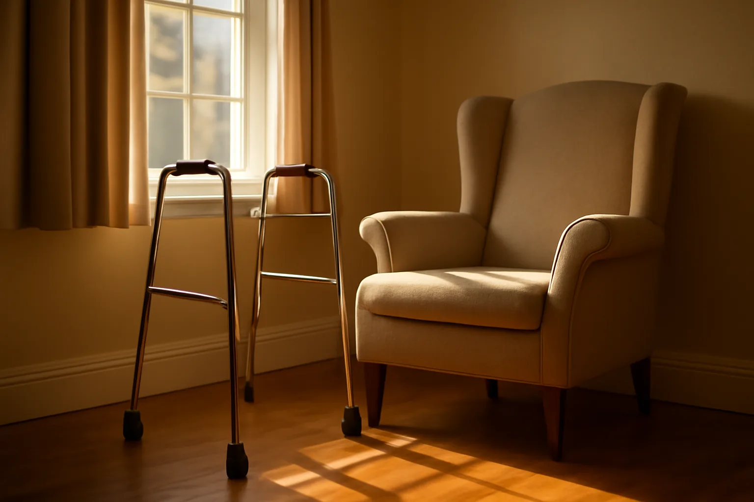 Sunlit living room in a licensed assisted living facility with an armchair and walker