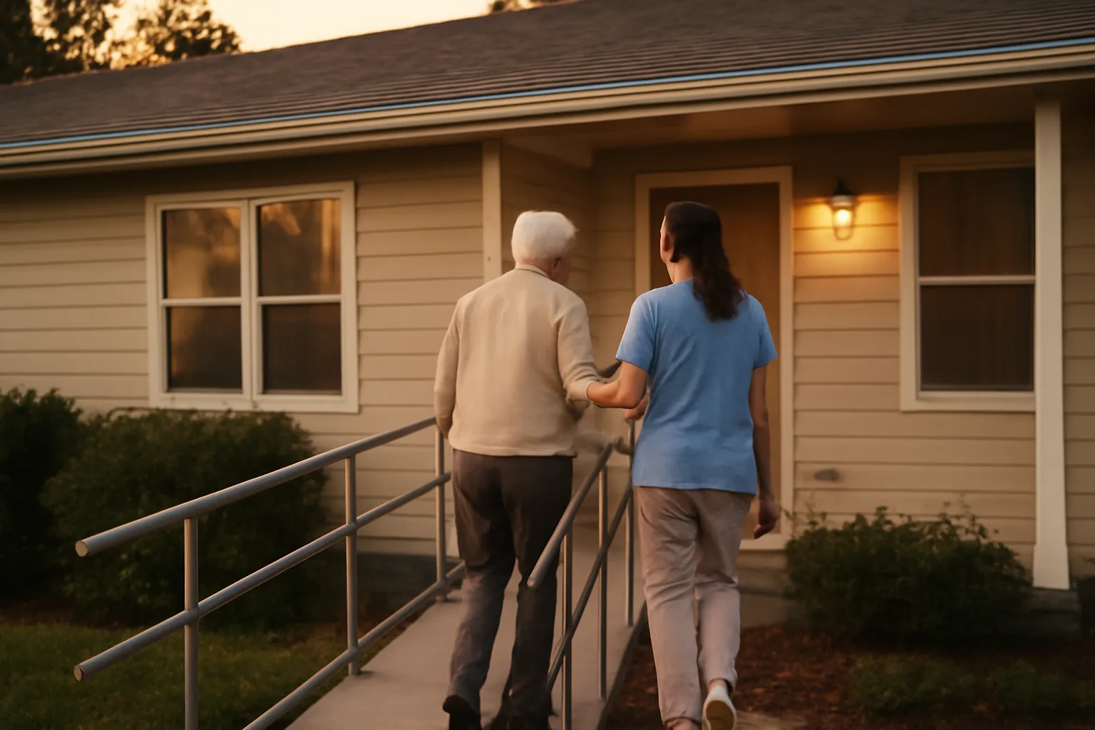 Caregiver and resident walking up ramp outside a licensed group home at dusk