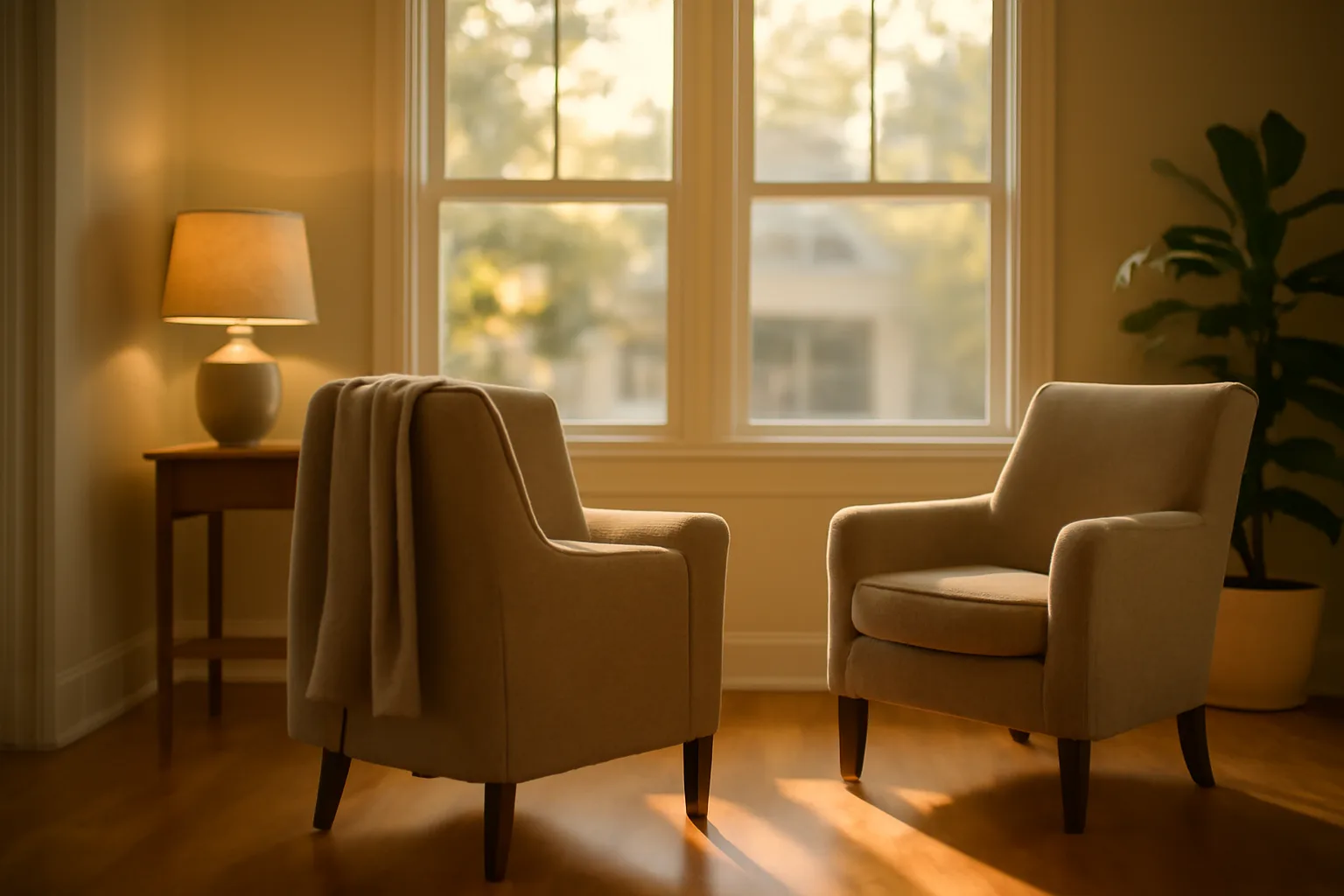 Sunlit living room in a converted home showing the residential care setting style