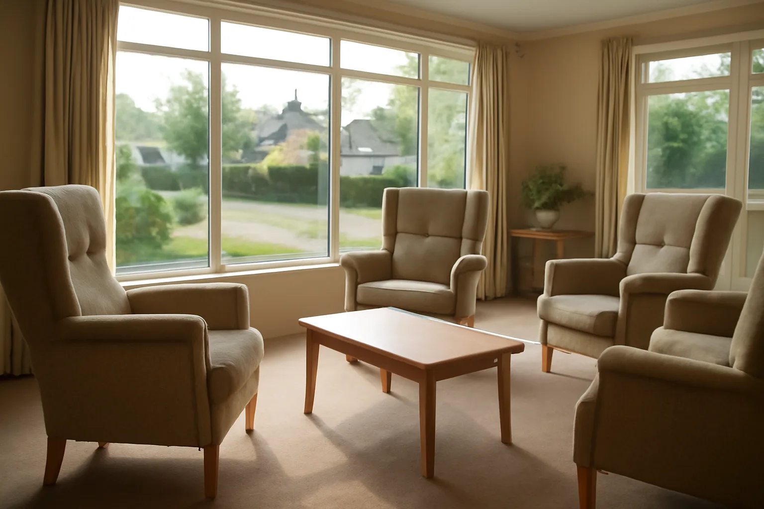 Sunlit living room in a licensed residential assisted living facility with empty seating