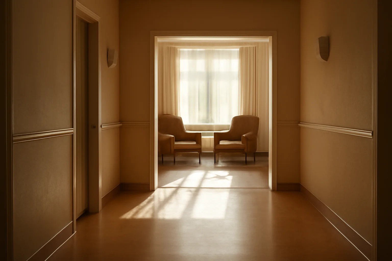 Sunlit hallway and common room inside a licensed assisted living residence