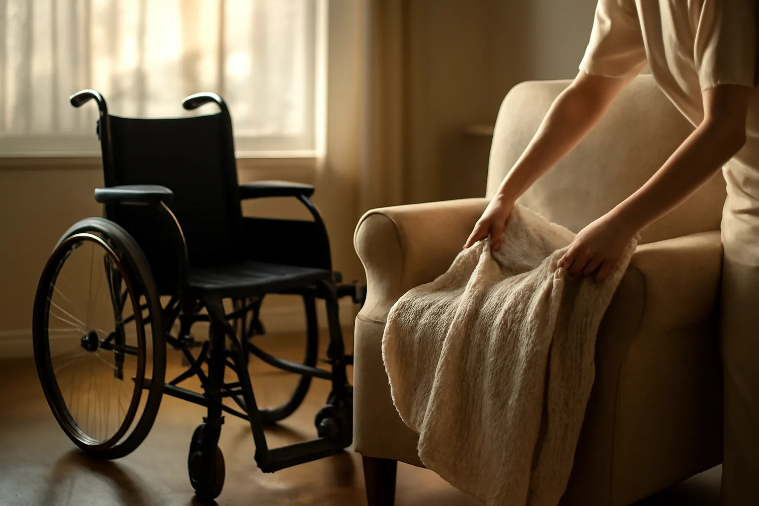 Caregiver adjusting a blanket in a sunlit residential care home living room