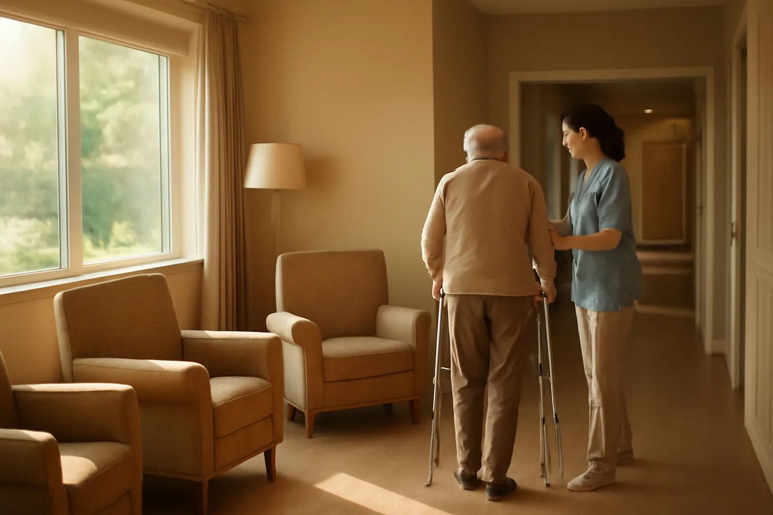 Caregiver assisting an older adult in a sunlit assisted living facility hallway